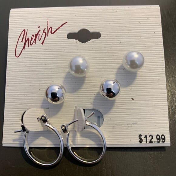 Cherish Silver studs mini hoops pearls set earrings - Picture 1 of 2